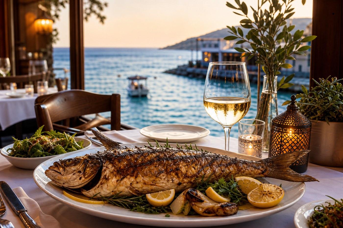 Deniz manzaralı restoran masası